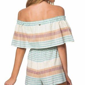White & Teal Stripe Off Shoulder Romper